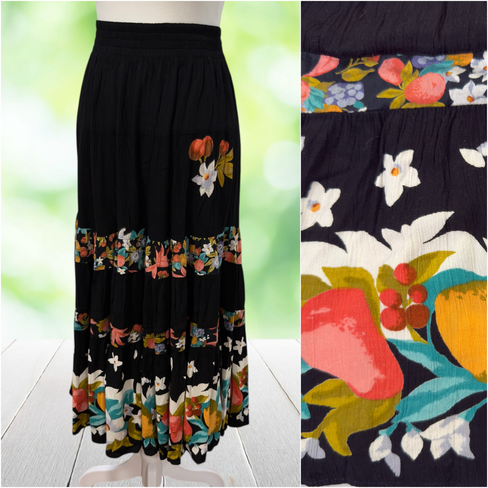 Vintage CAROLE LITTLE Tiered Midi Skirt Fruit Print Floral German Fabric Size S